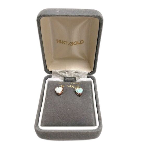 Vintage Heart Shaped Fire Opal Earrings Gold Studs #J048 - Picture 1 of 14